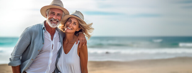 A pair of senior citizens embraces tenderly in front of the ocean,on the beach, relishing their leisure time, retirement, and their love for traveling