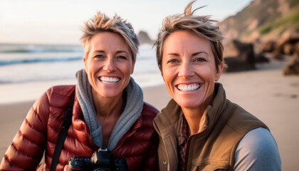 A pair of newly retired lesbian women embrace in front of the ocean, on the beach, enjoying their free time and their love for traveling.