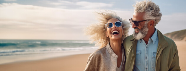 An African American retired couple enjoys the beach, savoring their well-deserved retirement, leisure time, and their passion for exploring new horizons through travel,active aging concept.