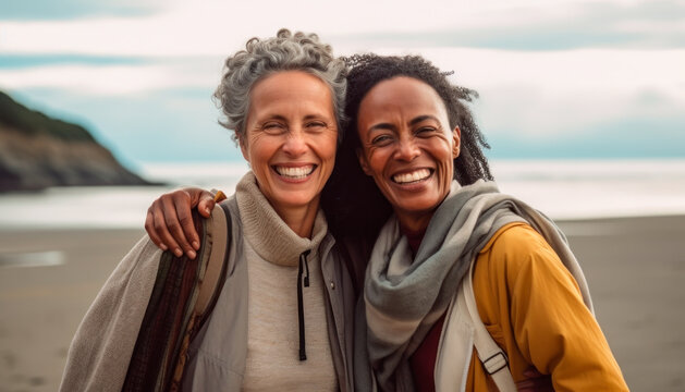 A pair of newly retired multiracial lesbian women embrace in front of the ocean, on the beach, enjoying their free time and their love for traveling.