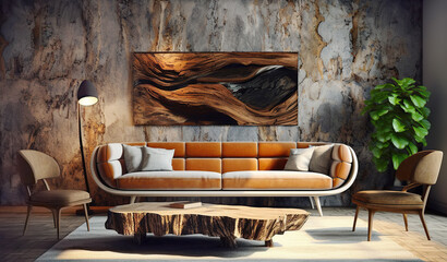 Live edge coffee table near terra cotta curved sofa and two chairs against marble stone wall. Interior design of modern living room. Created with generative AI