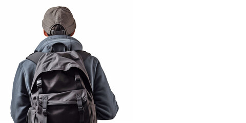 Naklejka premium A boy with a small urban backpack on his shoulders, viewed from the back and studio shot on an isolated background. Generative AI