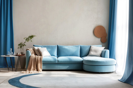 Blue corner sofa against window dressed with curtains. Interior design of modern living room. Created with generative AI