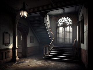 Fototapeta premium The interior of an abandoned old rich spacious mansion in twilight lighting and bright light penetrating its windows. Generative AI