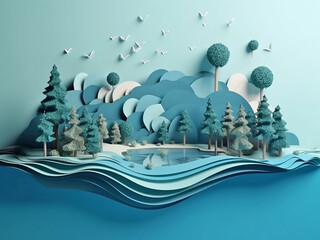 3D landscape made of paper. Generative AI