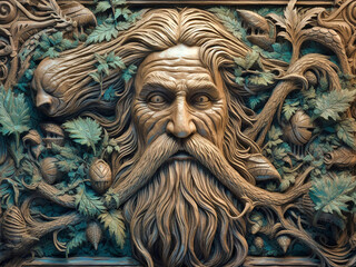 magical living huge tree with the face of an elderly person or a gnome, close-up Generative AI