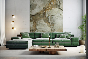 Dark green velvet corner sofa near concrete wall with stone wall decor. Loft style home interior design of modern living room. Created with generative AI
