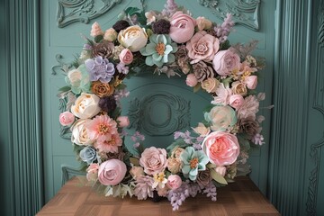 intricate pastel flower wreath made with delicate blooms and greenery, created with generative ai