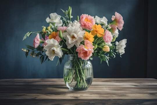 bouquet of pastel flowers in glass vase on wooden table, created with generative ai