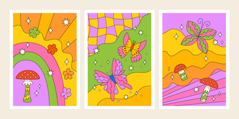 Set of psychedelic grovy posters with butterflies, daisy flowers, mushrooms and stars. Vector trippy illustrations in kid core aesthetic