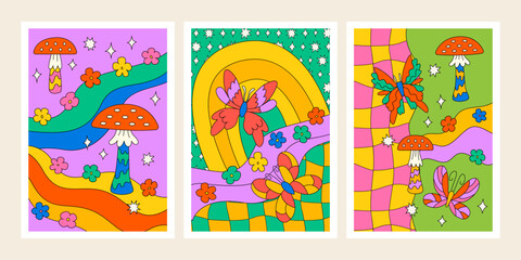 Fototapeta na wymiar Set of psychedelic grovy posters with butterflies, daisy flowers, mushrooms and stars. Vector trippy illustrations in kid core aesthetic