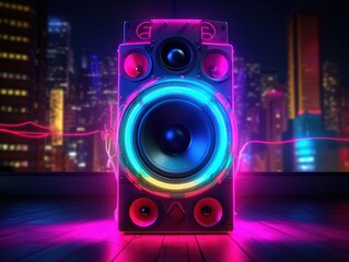  two speakers with neon lights on them, in the style of futuristic fantasy - obrazy, fototapety, plakaty