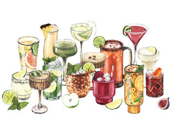 Watercolor group cocktail glasses: martini, gin,margarita,mojito,liquor,rum,moscow mule. Hand-drawn illustration isolated on white background. Perfect for recipe lists with alcoholic drinks, for cafe