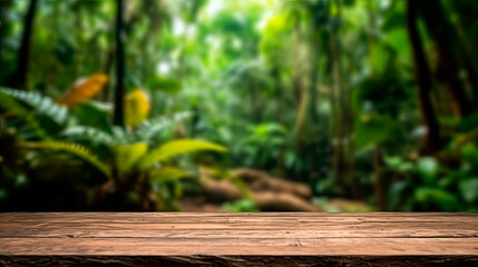 Wooden table top with blur background of amazon rainforest - obrazy, fototapety, plakaty