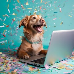 Excited happy dog with laptop and colorful confetti popper falling on pastel turquoise background - obrazy, fototapety, plakaty