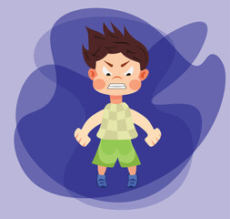 Angry cartoon kid in bad mood Vector illustration