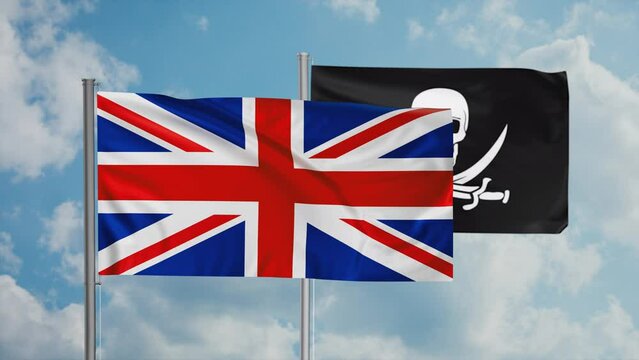 United Kingdom, UK flag and corsair flag waving together in the wind on blue sky, cycle looped video