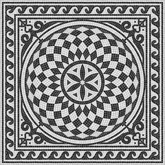 Ancient Roman mosaic tile circular black and white pattern - 621074387