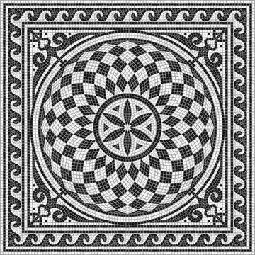 Ancient Roman mosaic tile circular black and white pattern