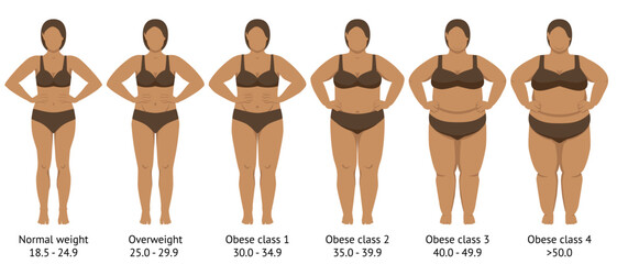 Female figures with normal weight, overweight and obesity - 621074538