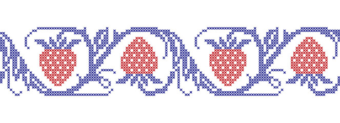 Embroidered cross-stitch seamless border pattern with strawberry plant - obrazy, fototapety, plakaty