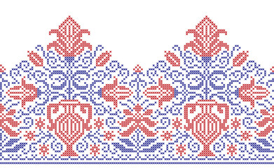 Border folk cross-stitch floral seamless pattern