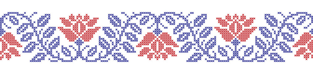 Embroidered cross-stitch seamless border pattern with flowers - obrazy, fototapety, plakaty