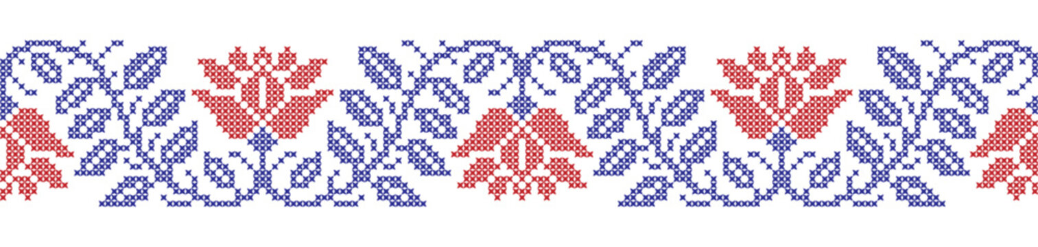 Embroidered cross-stitch seamless border pattern with flowers