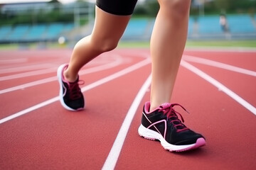Runner on a track for a workout. Closeup view of pair of running shoes. Generative AI.