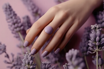 Fototapeta premium A woman's hands with a trendy lavender manicure. The nail design reflects the essence of spring and summer. Generative Ai, Ai.