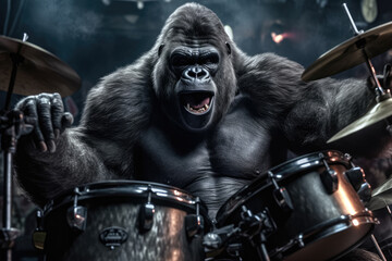 The world of music as a talented gorilla takes center stage, skillfully playing the drums in a band. Generative Ai, Ai.