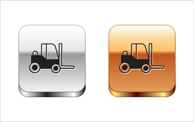 Black Forklift truck icon isolated on white background. Fork loader and cardboard box. Cargo delivery, shipping, transportation. Silver and gold square buttons. Vector