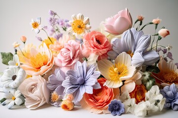 vibrant bouquet of pastel flowers against white background, created with generative ai