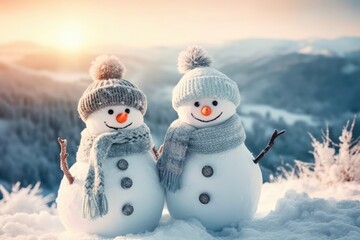 Handmade snowmen with hats and scarves perched on a mountain. Text-editable winter greeting card featuring a winter story. Frosty background
