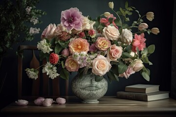 luxurious pastel flowers in vase on wooden table, created with generative ai