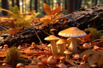 Forest floor on an autumn day, where mushroom caps emerge from a pile of brown leaves. Generative Ai, Ai.