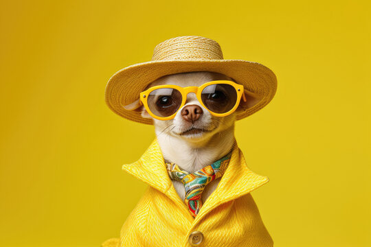 Undeniable coolness of a Chihuahua dog dressed in a funky fashion ensemble, consisting of a jacket, tie, glasses. Generative Ai, Ai.