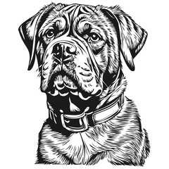 Dogue de Bordeaux dog realistic pet illustration, hand drawing face black and white vector sketch drawing