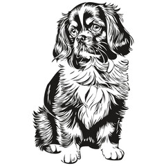 English Toy Spaniel dog line illustration, black and white ink sketch face portrait in vector realistic breed pet