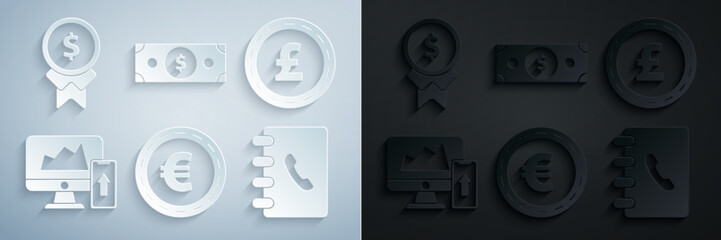 Set Coin money with euro symbol, pound sterling, Financial chart or graph the computer monitor and mobile phone, Address book, Stacks paper cash and Reward for good work icon. Vector - obrazy, fototapety, plakaty