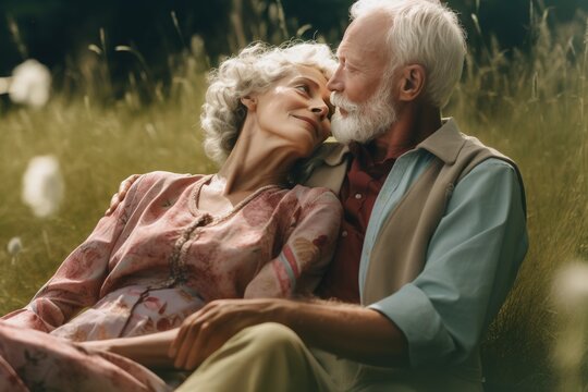 Older Couple Hugging Smiling Outdoors, French Countryside, Joyful And Optimistic