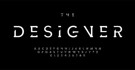 Futuristic stencil alphabet, minimalistic high-tech font for future tech modern logo, monogram, digital technology headline, innovative clean typography, modern typographic design. Vector typeset.