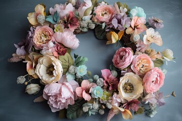 a wreath of pastel blooms for spring, created with generative ai
