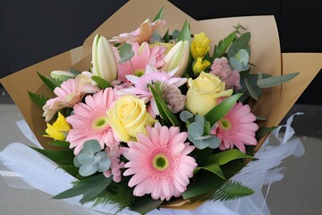 pastel flower bouquet, ready to be delivered to someone special, created with generative ai