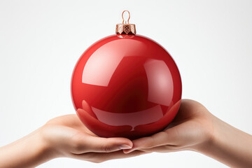 A red hand holding a Christmas ball on a white background, portraying a creative Christmas concept. Generative Ai.