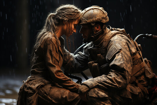 The meeting of a soldier with his beloved woman, the embrace of loved ones after a long separation, the soldier's return home, the happiness of touching and hugging, long-awaited separation