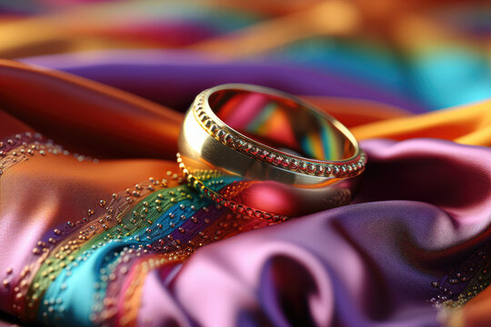 Symbolic image of two wedding rings placed on an LGBT rainbow flag, along with an embroidered heart. Generative Ai.
