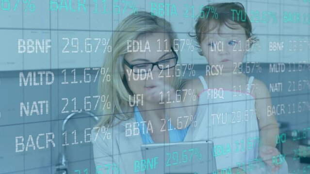 Animation of financial data processing over caucasian female dotor with kid using tablet at hospital
