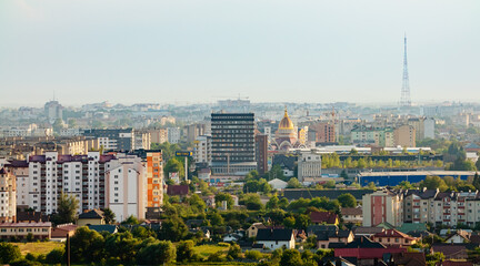 Aerial view of the urban cityscape of the center of Ivano-Frankivsk city in a summer sunny day