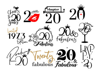 Twenty and fabulous 20th birthday celebration. Cake topper shirt template for cut file set. Cheers to twenty years anniversary.